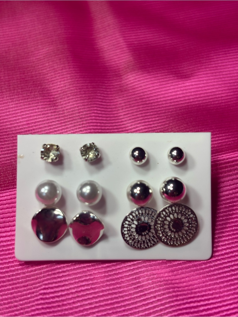 New 6-Pair Mixed Stud Earring Set — Silver & Pearl Tones